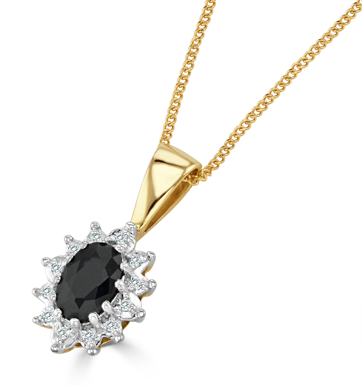 Sapphire 6 x 4mm And Diamond 9K Yellow Gold Pendant Necklace